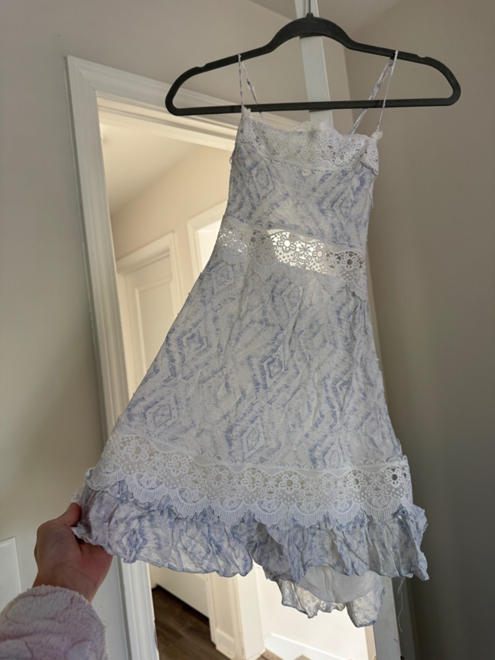 Spaghetti Strap Lace-Trim White & Light Blue mini Dress